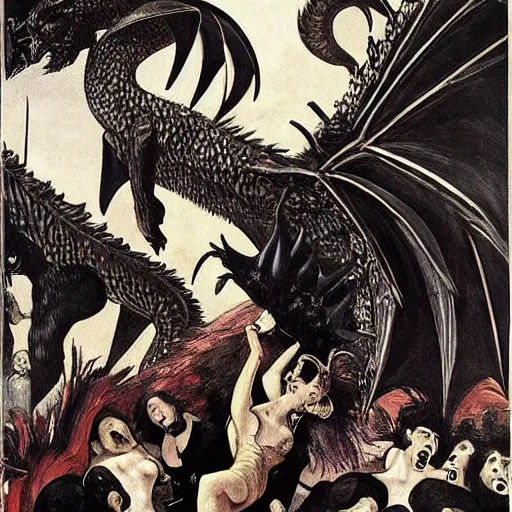 Image similar to A beautiful illustration of a large, dragon-like creature with sharp teeth, talons, and a long tail. The creature is looming over a small group of people who appear to be in distress. Moulin Rouge! by Caravaggio, by Gerhard Munthe frightful