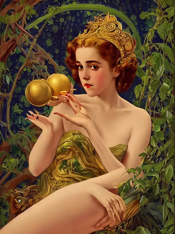 Image similar to kiernan shipka as the goddess Lilith mother of witches and vampires, a beautiful art nouveau portrait by Gil elvgren, moonlit lush jungle garden of Eden environment, centered composition, defined features, golden ratio, intricate gold jewlery