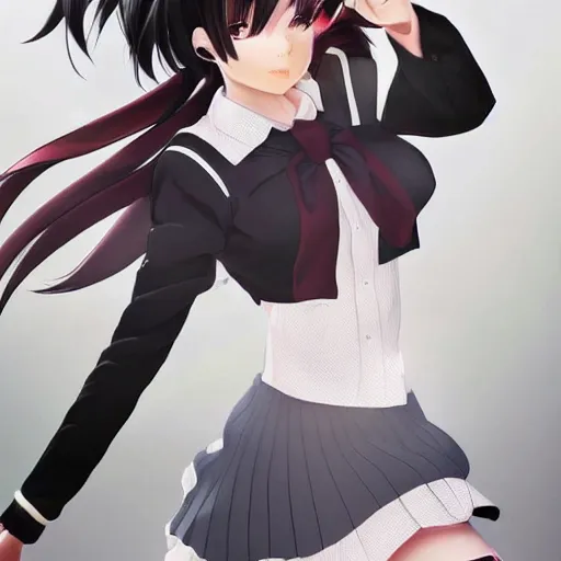 Image similar to luxury advertisement, astonishing portrait of a very beautiful anime schoolgirl with black bob hair, full perfect face, she is dancing. Realistic, highly detailed background, artstation, 120 degree view, drawn by Sasoura, Satchely and Akihiko Yoshida, no distortion