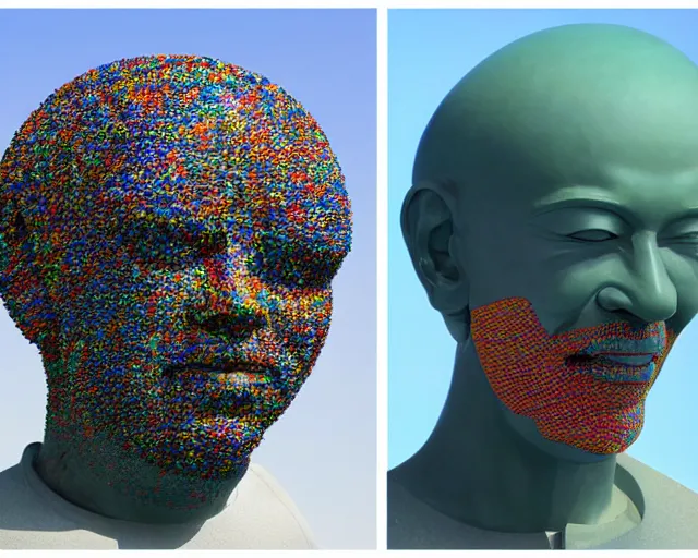 Image similar to a long shot of a giant award winning sculpture made out of tons of hundreds of pool toys in the shape of a human head, on the surface of the ocean, in the style of chad knight, hyper detailed, hyper realistic, ray tracing, 8 k resolution, sharp focus, realistic water