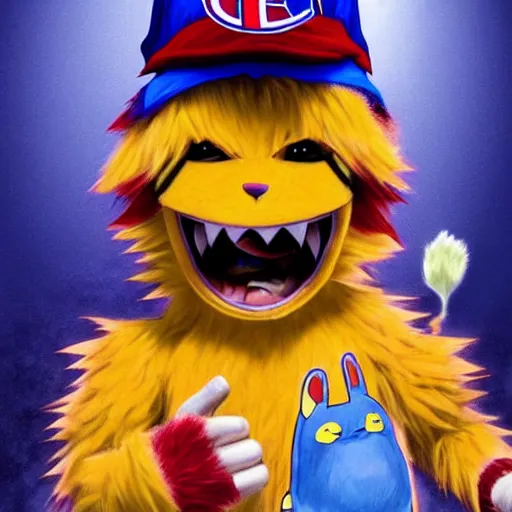 Image similar to violent anime Portrait of Youppi the Habs Montreal Canadiens Mascot as a very sad and menacing pokemon, giving the finger, flipping the crowd, highly detailed anime, nightmarish high evolution, 1993, legendary, smooth, sharp focus, dynamic lighting, intricate, trending on ArtStation, shiny Youppi as suprised pikachu, illustration pokemon, art by WLOP