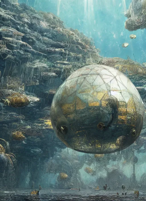 Prompt: masterpiece artwork of a underwater dome inside the wild sea, au naturel, hyper detailed, digital art, trending in artstation, cinematic lighting, studio quality, smooth render, unreal engine 5 rendered, octane rendered, art style by klimt and nixeu and ian sprigger and wlop and krenz cushart