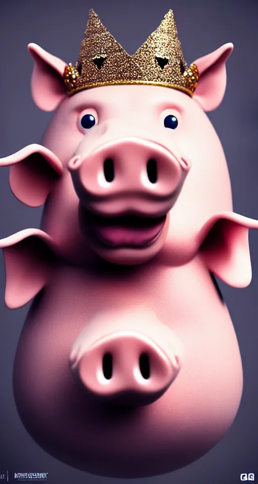 Image similar to smiling pig wearing a crown holding up a bottle of seasoing, hyper realistic, ultra detailed, cinematic, dynamic lighting, photorealistic, refined, intricate, digital art, digital painting, masterpiece, 8k