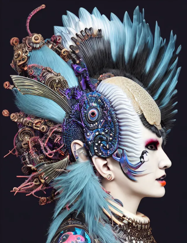 Image similar to 3 d goddess close - up profile portrait punk with mohawk with ram skull. beautiful intricately detailed japanese crow kitsune mask and clasical japanese kimono. betta fish, jellyfish phoenix, bio luminescent, plasma, ice, water, wind, creature, artwork by tooth wu and wlop and beeple and greg rutkowski