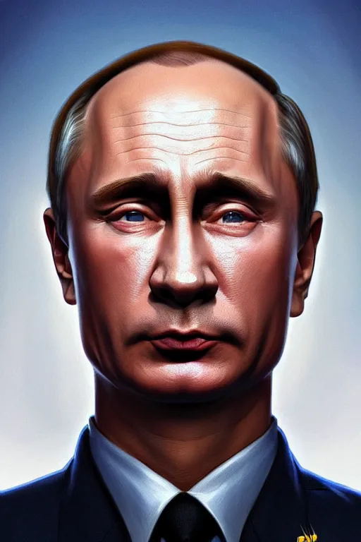 Image similar to vladimir putin as a simpsons character, 2 d portrait, symmetrical, highly detailed, digital painting, artstation, concept art, smooth, sharp focus, illustration, cinematic lighting, art by artgerm and greg rutkowski and alphonse mucha