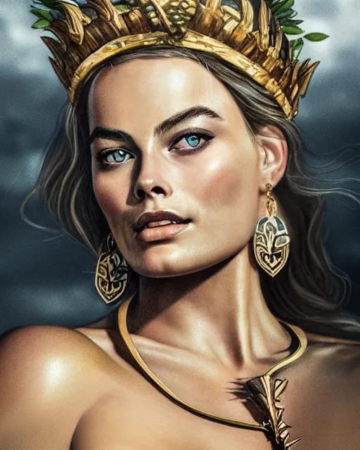 Image similar to realism tattoo sketch of margot robbie as a beautiful greek goddess aphrodite with piercing eyes wearing a laurel wreath and triangle earrings, in the style of greg rutkowski, amazing detail