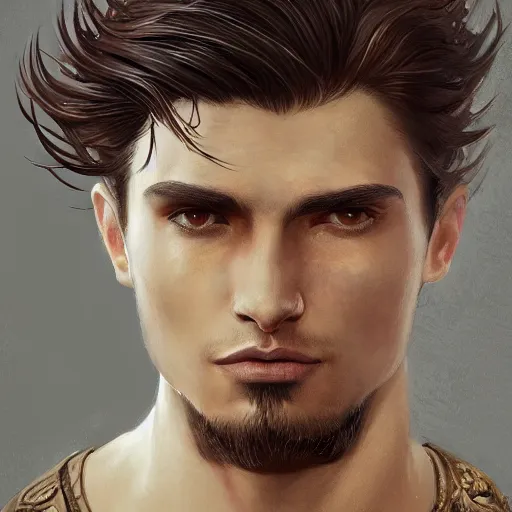 Image similar to a portrait of an attractive young man, clothed in battle armor, olive skin, long dark hair, beautiful bone structure, symmetrical facial features, intricate, elegant, highly detailed, digital painting, trending on Artstation, concept art, smooth, sharp focus, illustration, in the style of artgerm and greg rutkowski and alphonse mucha