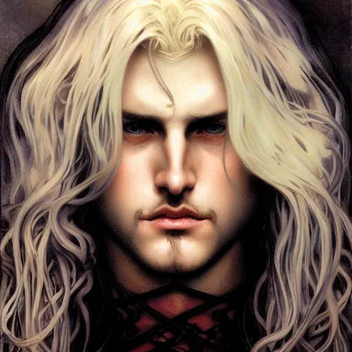 Prompt: realistic detailed face portrait of Alucard Trevor Belmont long blond hair, pale porcelain white skin, very very long luxurious beautiful blond hair, by Alphonse Mucha, Ayami Kojima, Amano, Charlie Bowater, Karol Bak, Greg Hildebrandt, Jean Delville, and Mark Brooks, Art Nouveau, Neo-Gothic, gothic, rich deep moody colors