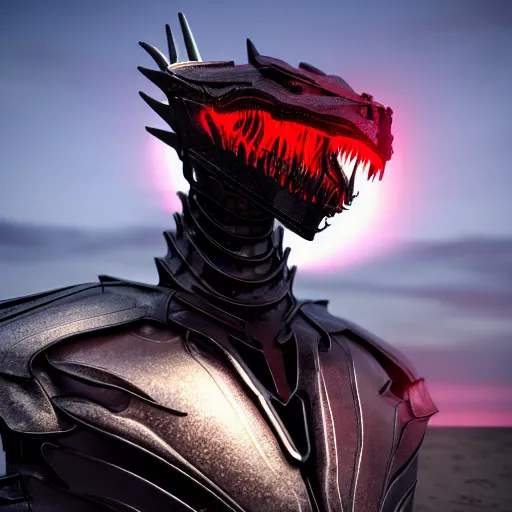 Image similar to chest up bust shot, realistic detailed stunning beautiful armored anthropomorphic humanoid female robot dragon, looking to the side, sleek streamlined armor and design made of steel, sharp claws and sharp teeth, Slick LEDs, standing on two legs, on the beach during sunset, high quality, cinematic art, sunset lighting, 3D render, 8k, artstation, deviantart, furaffinity