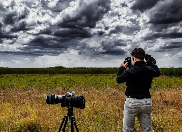 Prompt: photo of a photographer with a dslr and a white telephoto lens watching birds on a swamp, closeup, flat landscape, trees in the background, epic sky, dramatic clouds