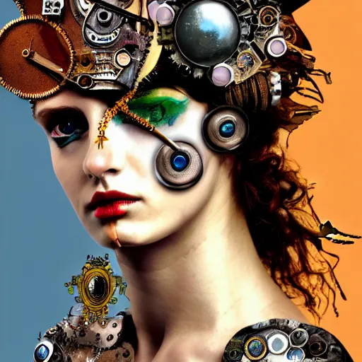 Prompt: steam punk roman goddess, contemporary collage, highly detailed, digital painting, 4 k, hdr, punk, fashion, smooth, sharp focus, art by nick knight, sandra chevrier and john hoyland