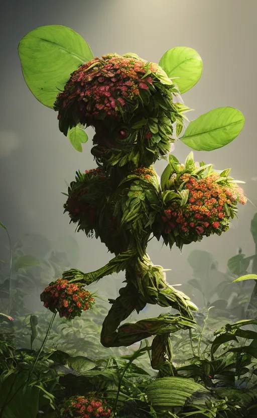 Image similar to a plant creature, foliage, plant filaments, flowers, humanoid shape, full body, photorealistic, 4 k, octane render, cinematic lighting, artistic photography, insanely detailed and intricate