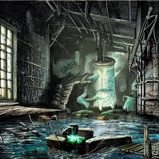 Image similar to drowned bandit lair, sewers, victorian, warehouse, fantasy art