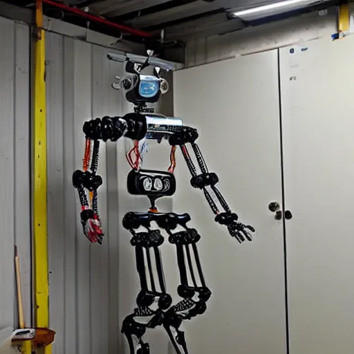 Prompt: a humanoid bipedal robot made of spare parts and household materials in a workshop, garage or closet