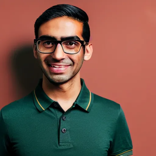 Prompt: a 30 year old skinny, medium brown skinned Peruvian programmer guy, clean shaven face, thick bushy straight eyebrows, wearing round gold rimmed glasses, with thick straight brush up black hair on top, short on sides, in a dark green polo shirt, blue jeans and grey sneakers funko pop close up highly detailed photo