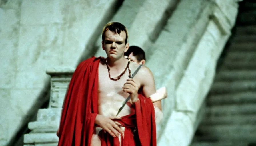 Image similar to 1 9 6 0 s movie still close - up of caligula in a white toga bleeding to death on stairs, cinestill 8 0 0 t 3 5 mm, high quality, heavy grain, high detail, dramatic light, anamorphic