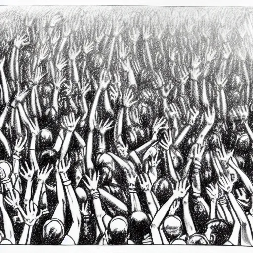 Image similar to the messiest rave you've ever been to, hyper detailed photorealistic pencil drawing of a large group of people dancing at a rave