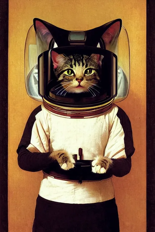 Image similar to portrait of a cat astronaut in samurai helmets an ancient human species, single person, by bouguereau