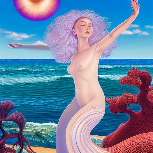 Image similar to lifelike by liu ye, by kadir nelson. the drawing of the moment when the goddess venus is born from the sea. she is shown standing on a giant clam shell, with her long, flowing hair blowing in the wind. the drawing is full of light & color, & venus looks like she is about to step into a beautiful, bright future.