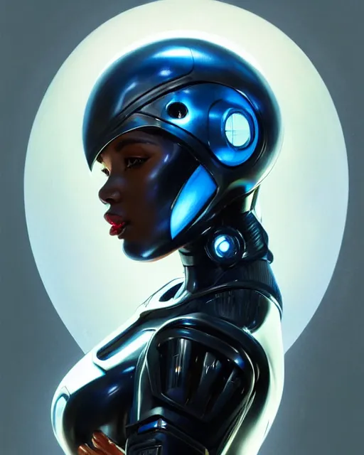 Image similar to Portrait of very very very very very very beautiful black woman, spacesuit, futuristic cybernetic helmet, blue eyes, real life skin, intricate, elegant, highly detailed, artstation, concept art, smooth, sharp focus, art by artgerm and greg rutkowski and alphonse mucha