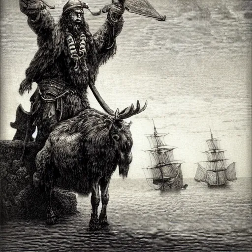 Prompt: anthropomorphic moose barbarian humanoid by gustave dore, pirate ship, sea, fantasy