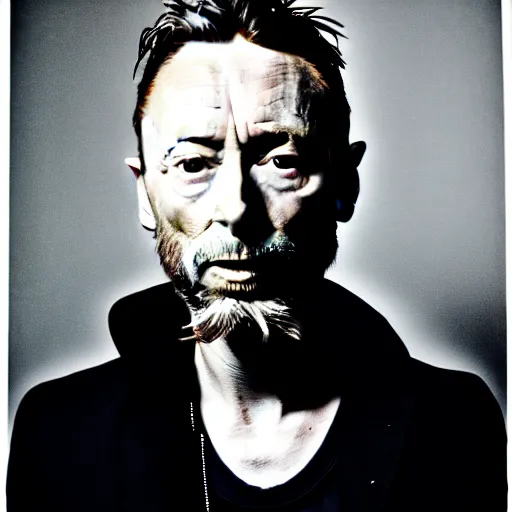 Image similar to Thom Yorke, a man with a beard and a black jacket, a portrait by John E. Berninger, dribble, neo-expressionism, uhd image, studio portrait, 1990s