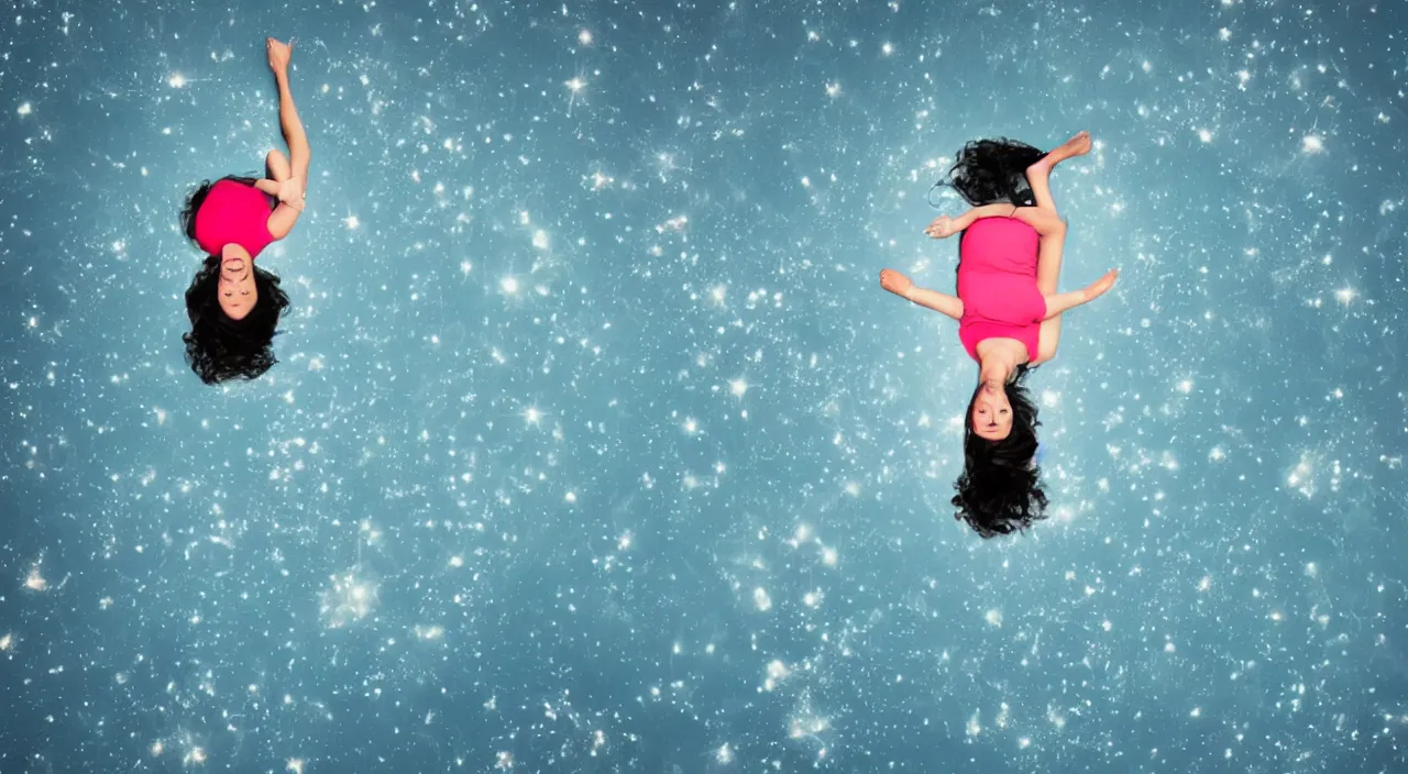 Image similar to one woman looking up while floating in space