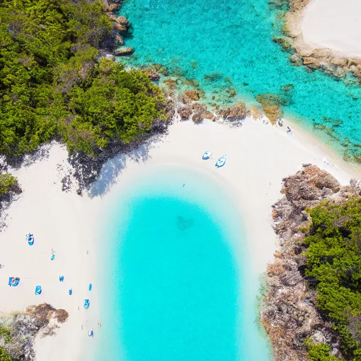 Prompt: an aerial perspective of a crystal clear bay, beach, turquoise ocean, yachts anchored in the bay, photo - realistic, highly detailed, calm, serene