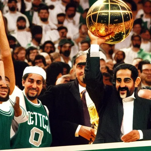 Image similar to photo of osama bin laden lifting nba larry o'brien trophy, boston celtics