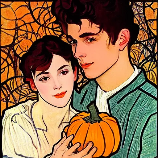 Image similar to painting of handsome young delicate beautiful jeffrey in his 2 0 s with brown hair and gorgeous rina together at the jack o'lantern halloween party holding pumpkins, elegant, clear, painting, stylized, art, art by alphonse mucha, vincent van gogh, egon schiele,