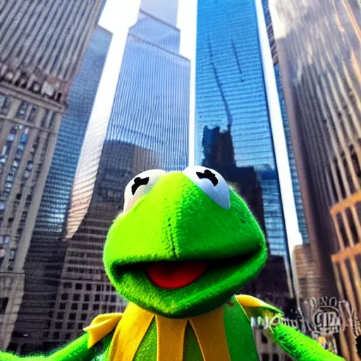 Prompt: kermit the frog selfie in front of world trade center twin towers, phone camera, selfie, green muppet, new york city, downtown, posing