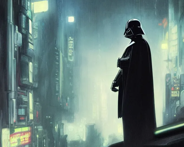 Prompt: 2 0 1 8 blade runner movie still darth vader look at the cityscape from roof perfect face fine realistic face pretty face reflective polymer suit tight neon puffy jacket blue futuristic sci - fi elegant by denis villeneuve tom anders zorn hans dragan bibin thoma greg rutkowski ismail inceoglu illustrated sand storm alphonse mucha