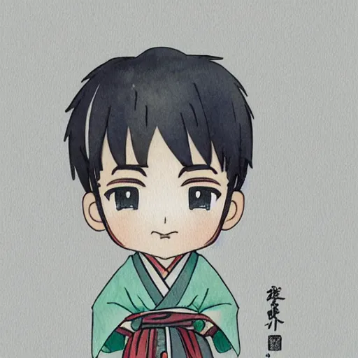 Image similar to beautiful water color concept art of face detailing cute nendoroid boy in the style of hokusai , toon rendering, close-up, no shade, modern art, kyoto animation