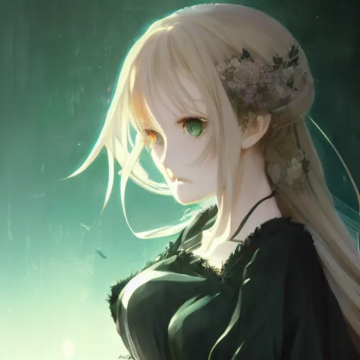 Image similar to victorique de blois anime girl gosick super detailed green eyes green eyes green eyes green eyes black dress black dress black dress black dress blonde hair by greg rutkowski makoto shinkai aramaki shinji artgerm, cushart krenz key art feminine award winning