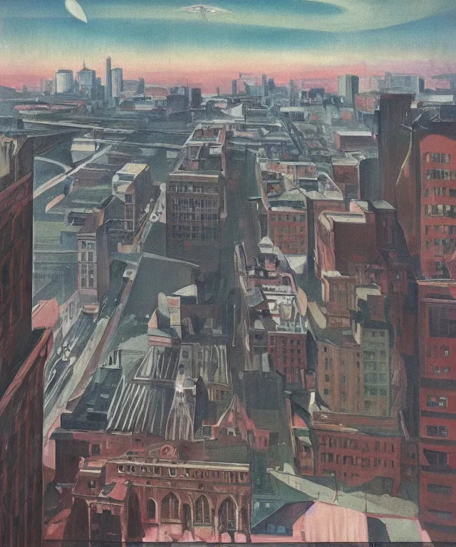 Image similar to horrifying full color photorealistic painting of the view from a 1 9 2 5 hotel terrace balcony overlooking a warped view of downtown boston in 1 9 2 5 with a cosmic sky, dark, atmospheric, brooding, smooth, finely detailed, cinematic, epic, in the style of paul carrick