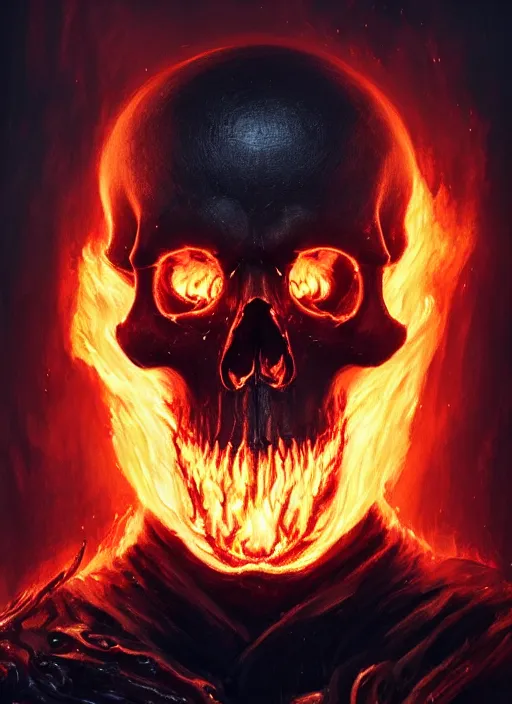 Image similar to A fancy portrait of a Skull on fire by Greg Rutkowski, Sung Choi, Mitchell Mohrhauser, Maciej Kuciara, Johnson Ting, Maxim Verehin, Peter Konig, Bloodborne, 8k photorealistic, cinematic lighting, HD, high details, dramatic, atmospheric , trending on artstation