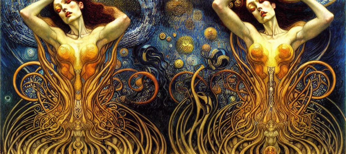 Image similar to Divine Chaos Engine by Karol Bak, Jean Delville, William Blake, Gustav Klimt, and Vincent Van Gogh, symbolist, visionary