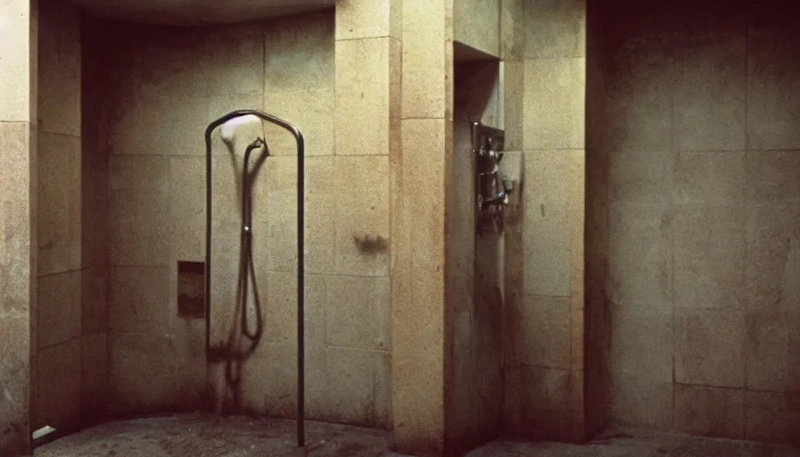 Image similar to 60s movie still of empty public shower, cinestill 800t 50mm eastmancolor, liminal Space style, heavy grain-s 150