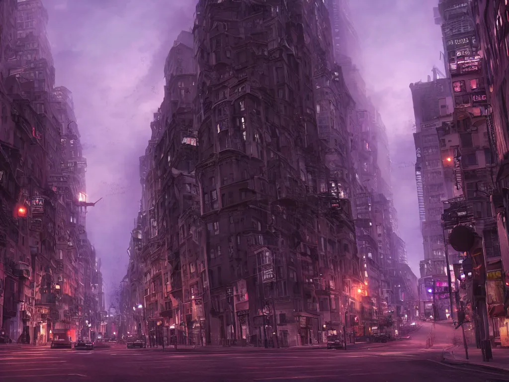 Prompt: eldritch horror lurking within city streets at evening, twilight, purple, global illumination, hyperrealistic, volumetric lighting, epic cinematic shot, perfectly defined features, ambient occlusion