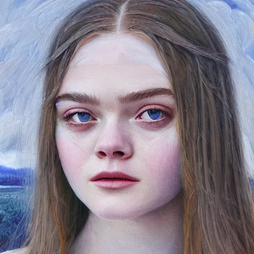 Image similar to professional painting of Elle Fanning in the style of Andrea Kowch, head and shoulders portrait, symmetrical facial features, smooth, sharp focus, illustration, intricate, stormy weather, extremely detailed masterpiece,