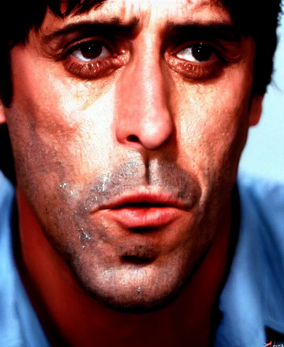 Prompt: headshot portrait. tony montana from movie scarface 1 9 8 3. al pacino, perfect symmetric face, coherent eyes, fine details., 4 k, ron cobb. cinestill