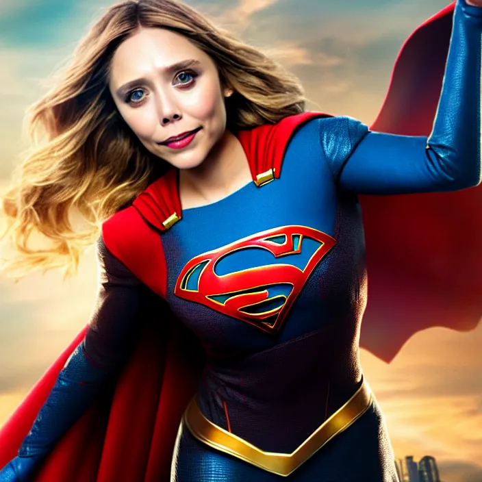 Image similar to professional full length photograph of elizabeth olsen as supergirl. Extremely detailed. 8k