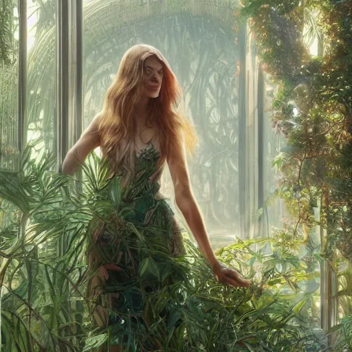 Prompt: full figure ultra realistic illustration, samara weaving surrounded by plants, intricate, elegant, highly detailed, digital painting, artstation, concept art, smooth, sharp focus, illustration, art by artgerm and greg rutkowski and alphonse mucha