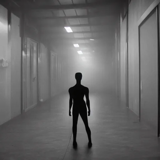 Prompt: the backrooms are empty, there is a lone replicant standing off in the distance