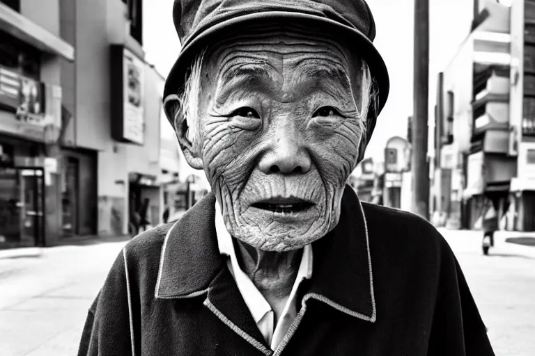 Image similar to still photo of a japanese old man greeting at the camera on the street, black and white color aesthetic, highly detailed, photorealistic portrait, bright studio setting, studio lighting, crisp quality and light reflections, unreal engine 5 quality render