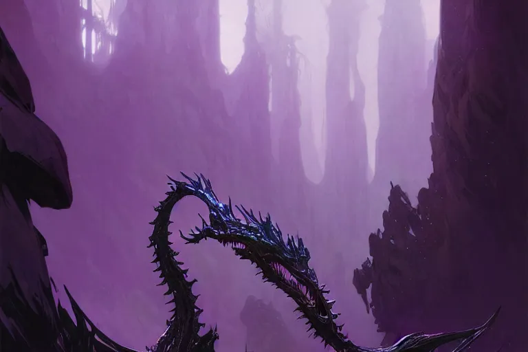 Prompt: concept art, view from afar of a crystal hydra, d & d creature, by greg rutkowski and alphonse mucha, gradient black to purple, monoliths in a dark forest background, highly detailed, digital painting, artstation, concept art, smooth, sharp focus illustration, artstation hq