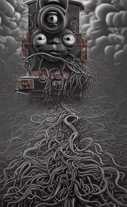 Image similar to thomas the tank engine in style of zdzisław beksinski, extremely dramatic lighting, 8 k, tendrils, black, darkness, black slime tendrils, infected, rust, body horror, thomas the train, thomas the tank engine face, horror,