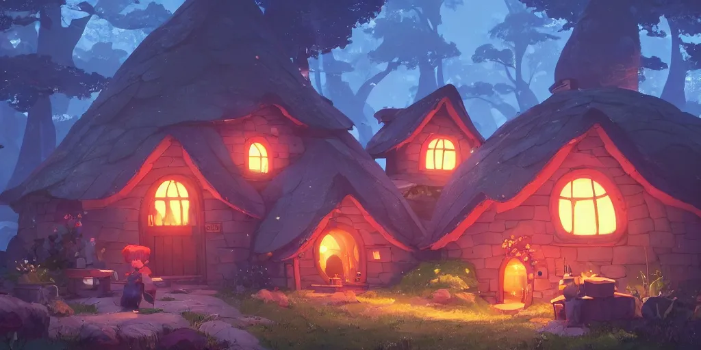 Prompt: small hobbit mushroom houses, red, by cory loftis & akihiko yoshida & james gilleard & atey ghailan & makoto shinkai & goro fujita & studio ghibli, rim light, exquisite lighting, clear focus, magic atmosphere, lights, night, very coherent, plain background, soft painting, photorealistic, unreal engine 5, 4 k