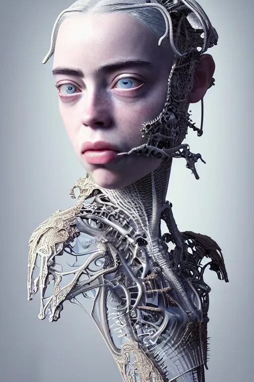 Prompt: complex 3d render ultra detailed of a beautiful porcelain profile Billie Eilish face, biomechanical cyborg, analog, 150 mm lens, beautiful natural soft rim light, big leaves and stems, roots, fine foliage lace, silver dechroic details, massai warrior, Alexander Mcqueen high fashion haute couture, pearl earring, art nouveau fashion embroidered, steampunk, intricate details, mesh wire, mandelbrot fractal, anatomical, facial muscles, cable wires, microchip, elegant, hyper realistic, ultra detailed, octane render, H.R. Giger style, volumetric lighting, 8k post-production