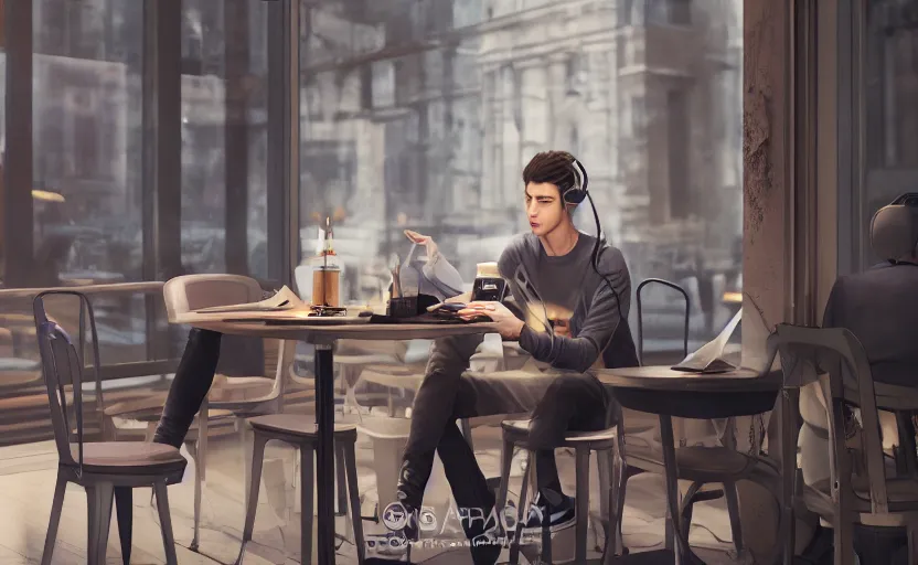 Image similar to a male teenager with headphones in a cafe sitting in front of a table with a coffee, digital painting, masterpiece, digital art, concept art, octane render, unreal engine 5, trending on deviantart, highly detailed, high quality, 4 k, cartoon, high coherence, realistic, anatomically correct, five fingers, relaxing, realistic and detailed face, beautiful, elegant